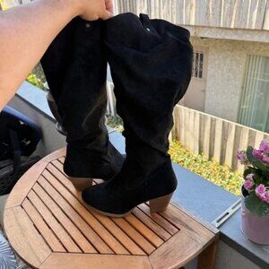 Torrid Wide Calf Slouch Boots Heeled Knee High Suede Leather Casual Black 11.5